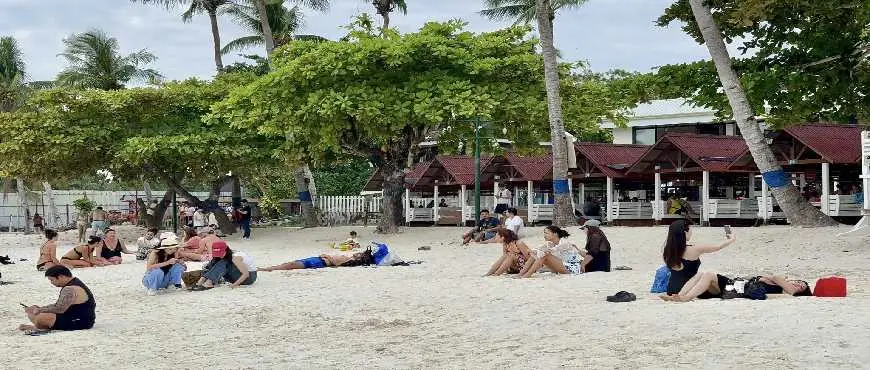 Dumaluan Beach Resort in Panglao, Bohol with white sand beach, palm trees, and clear blue water